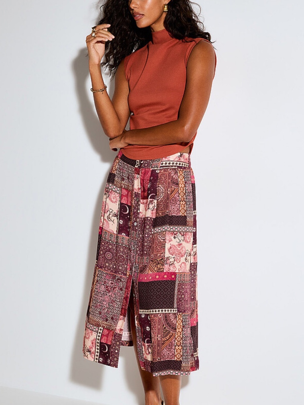 Patchwork Print Button Front Skirt